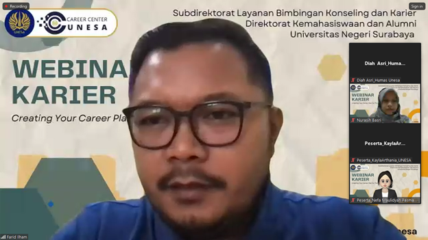 Muhammad Farid Ilhamuddin, S.Pd., M.Pd., as Head of UNESA's Counseling and Career Guidance Services Sub-directorate provide reinforcement to all career webinar participants.