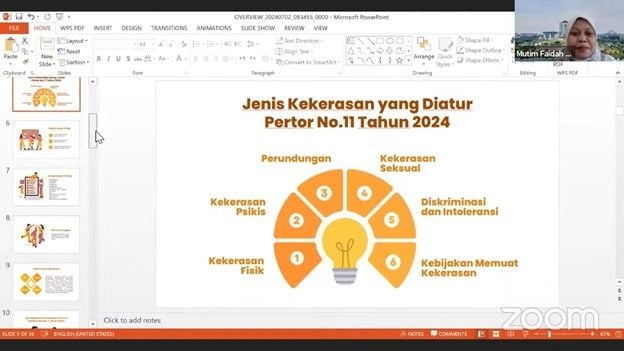 Session for delivering socialization material by Prof. Dr. Mutimmatul Faidah, S.Ag., M.Ag., Director of Prevention and Management of Campus Strategic Issues (PPIS) UNESA 