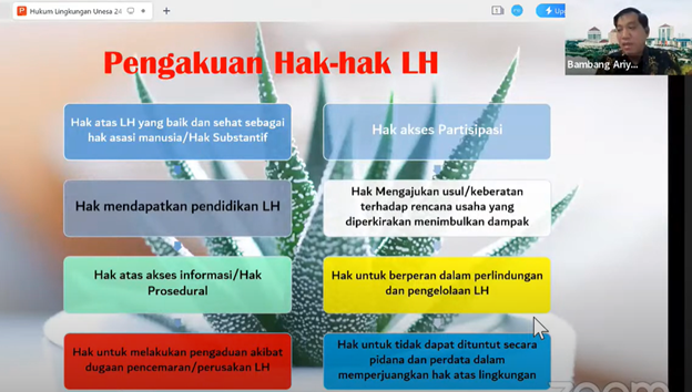 Bambang Ariyanto, UHT Surabaya law lecturer delivered material on Environmental Law in the UNESA KSDAL Guest Lecture.